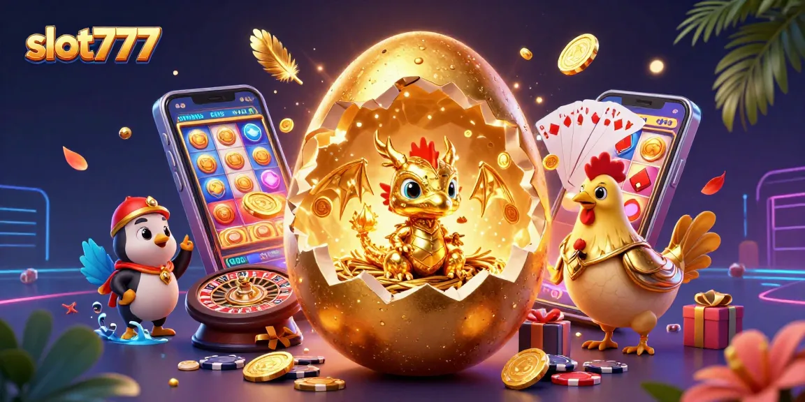 Experience slot777 with a golden dragon guarding poker chips and colorful slot games.