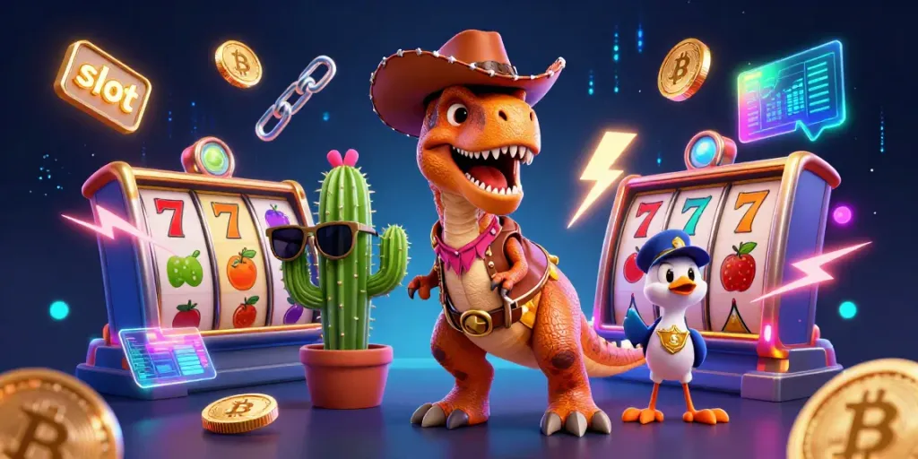 Engage in thrilling slot gameplay with 3D characters celebrating wins in a vibrant casino scene.