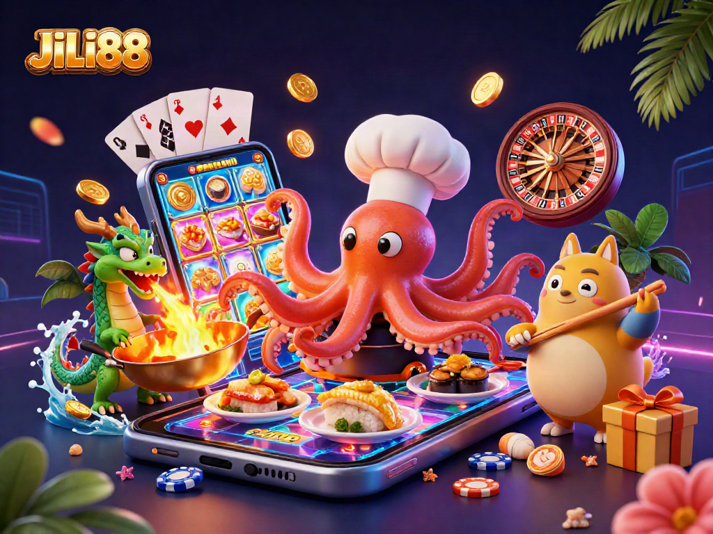 Engage with exciting slot games at JILI88 through a vibrant 3D casino scene.