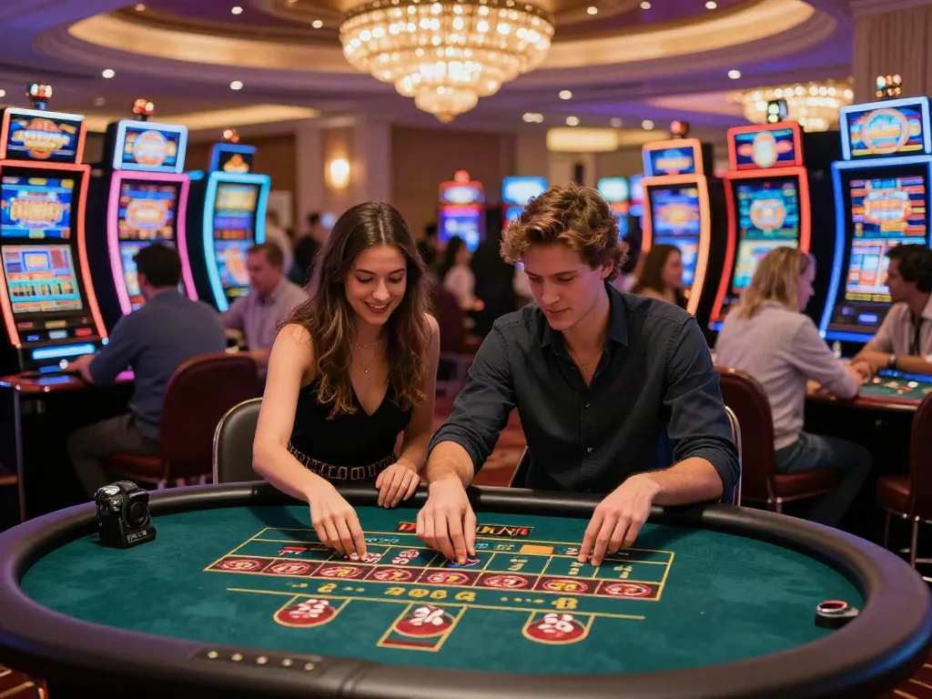 Engaging casino scene illustrating players at various games, highlighting Operatoriu Gidas LT's gaming experience.