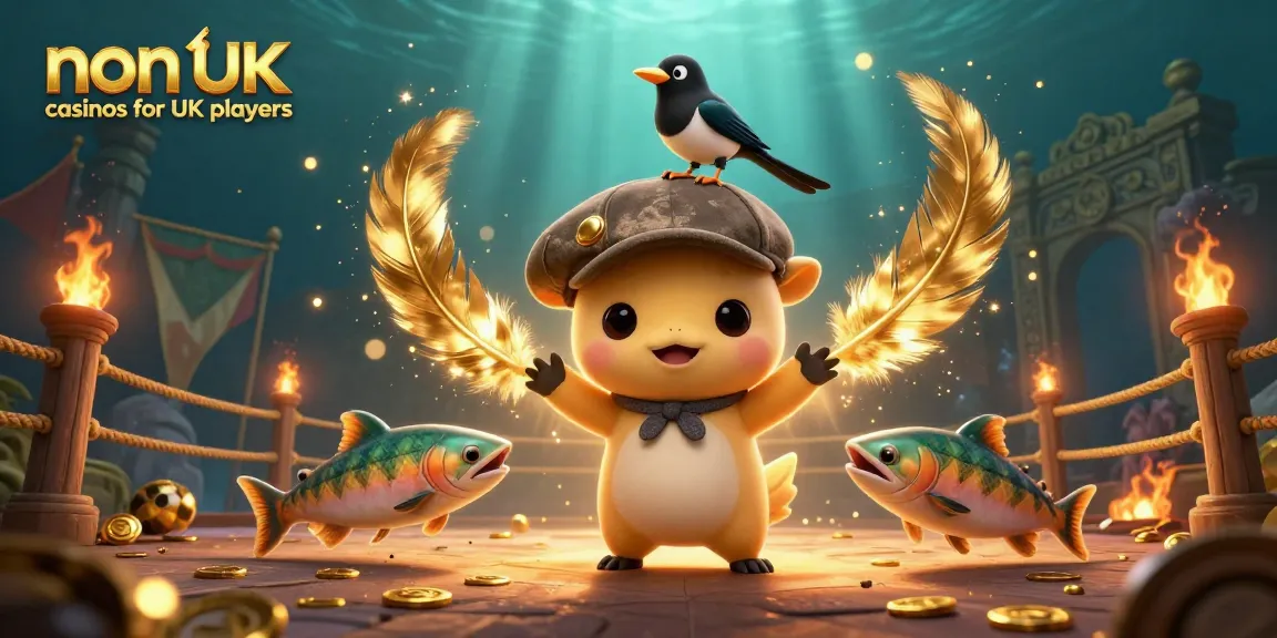 Engage with top non UK casinos for UK players featuring charming cartoon characters in a vibrant, action-packed scene.