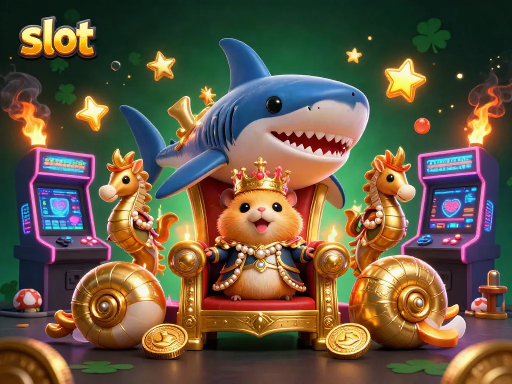 Permainan slot dengan karakter raja hamster emas dan pengawal kuda laut di mesin arcade bertema kasino.