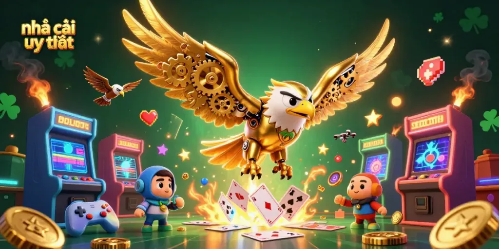 Experience immersive action at nhà cái uy tín with 3D golden eagle and holographic cards.