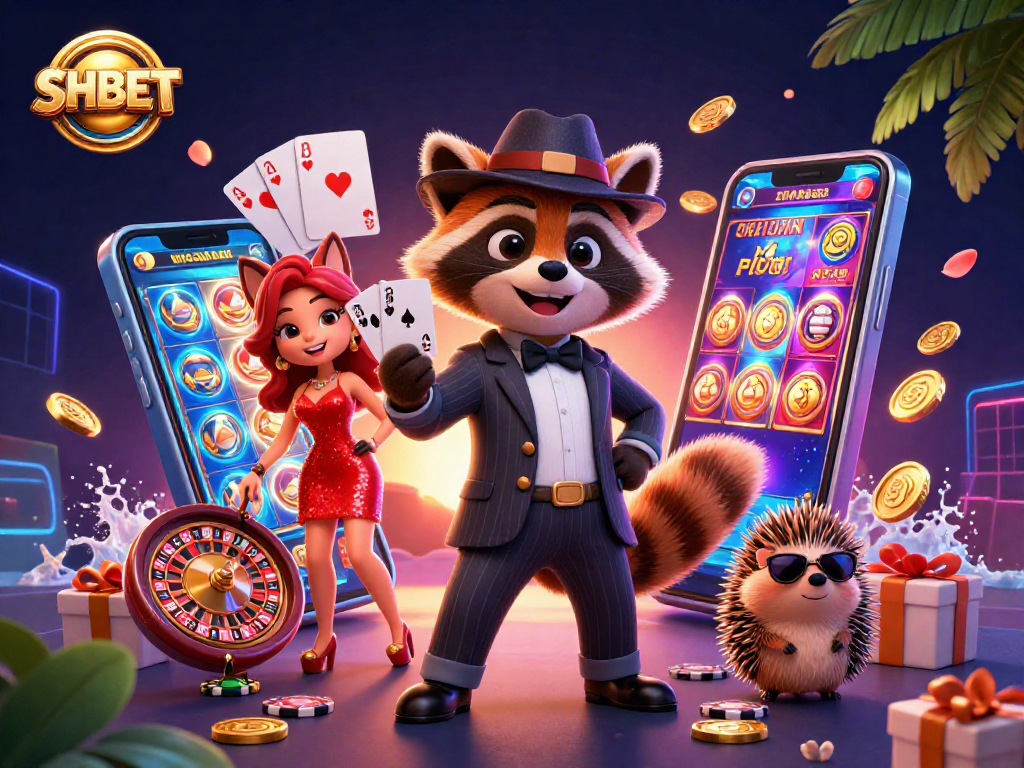 Experience excitement with SHBET as a suave raccoon and fox celebrate big wins amid vibrant casino gameplay.