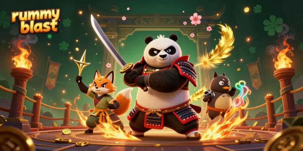 Engage with rummy blast gameplay through dynamic characters in an animated casino setting.