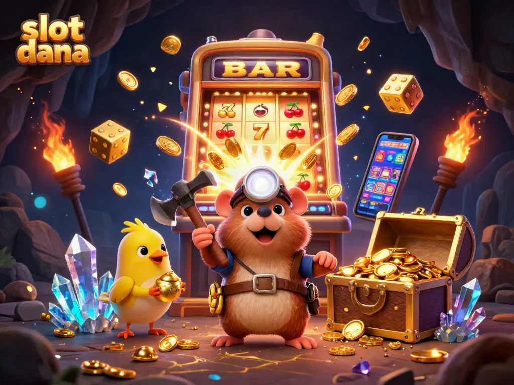 Slot dana yang menggambarkan karakter mole penambang dan elemen mesin slot, penuh dengan koin berkilau.