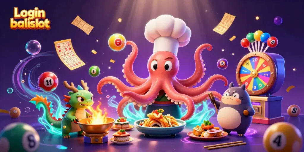 Engage with the Login balislot scene featuring a dynamic sushi chef octopus, dragon, and lively casino symbols.