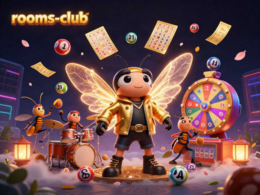 Permainan menarik di rooms-club dengan cicada rock star, bola lotere berwarna, dan atmosfer kasino yang meriah.