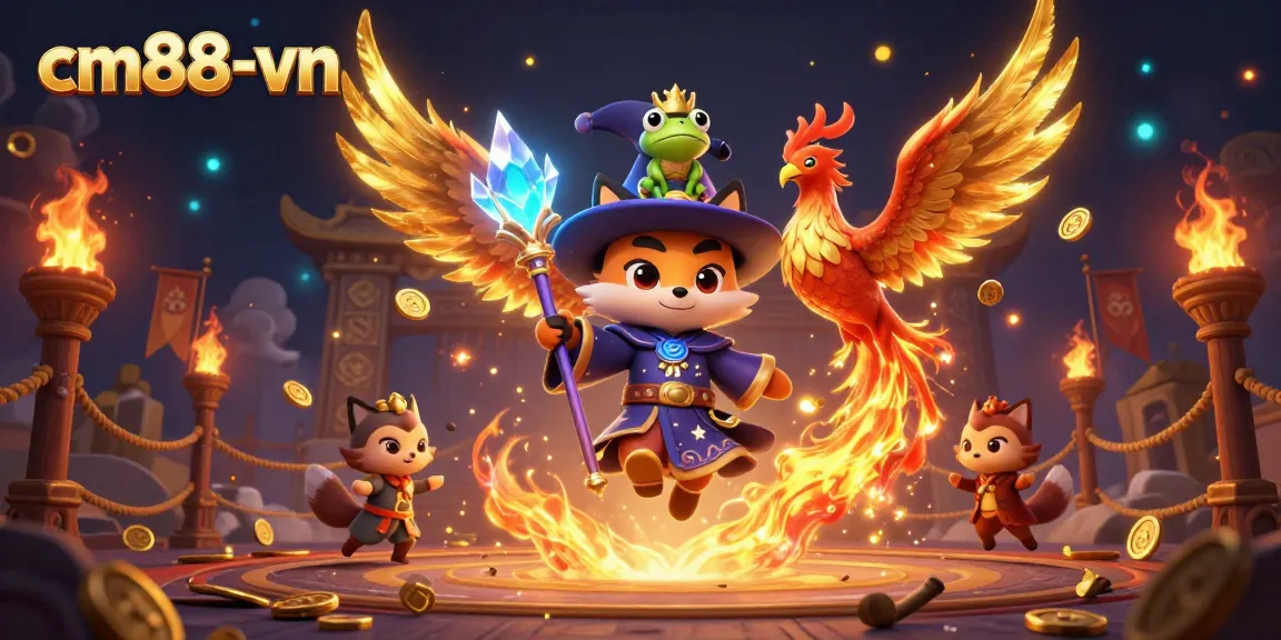 Experience thrilling gameplay at cm88-vn with a mystical fox wizard and fiery phoenix in a dynamic casino scene.