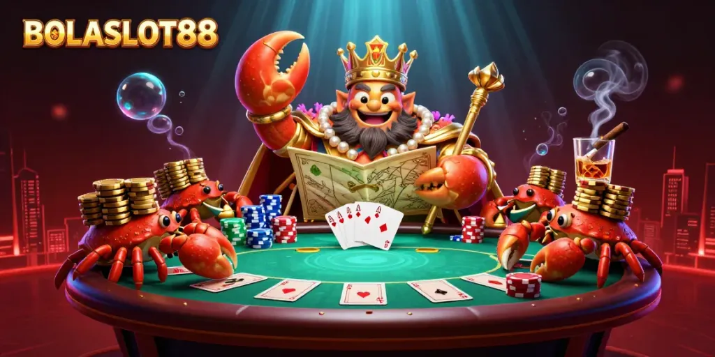 BOLASLOT88 showcases a vibrant scene with a golden crab emperor amidst poker action and colorful chips.