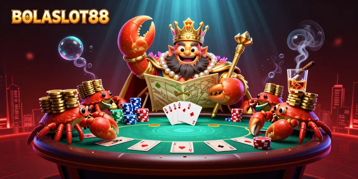BOLASLOT88 showcases a vibrant scene with a golden crab emperor amidst poker action and colorful chips.