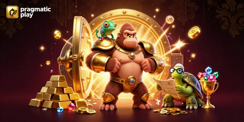 Experience excitement with Pragmatic Play's vibrant casino scene showcasing a gorilla king and treasures.