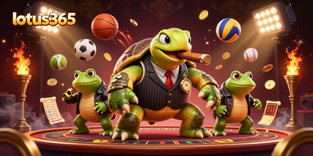 Experience dynamic betting with lotus365 featuring a snapping turtle and bullfrogs in a vibrant casino