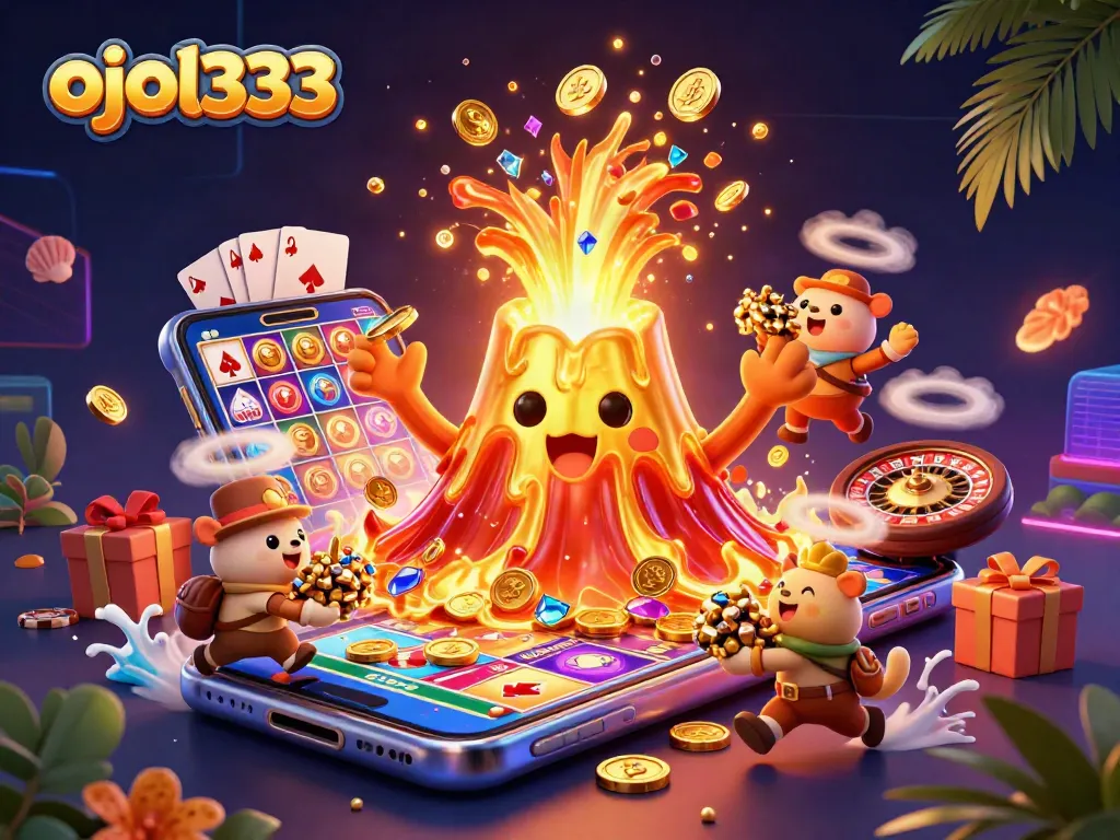 Engage with ojol333 in this dynamic 3D casino illustration of a victorious golden volcano erupting treasures.
