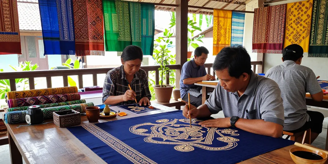 Proses pembuatan kain BATIK 88 di workshop tradisional dengan pengrajin sedang melukis motif.