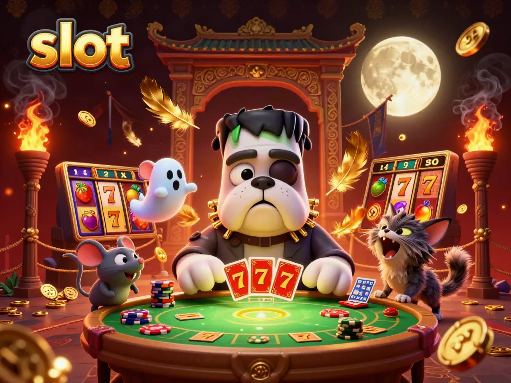 Experience thrilling slot action with Frankenstein bulldog dealing cards amidst charming casino characters.