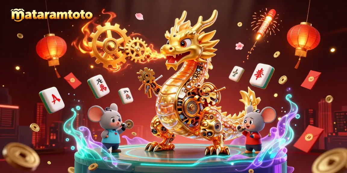 Engage with the thrilling world of mataramtoto, illustrated through a golden dragon breathing gears, embodying casino excitement.