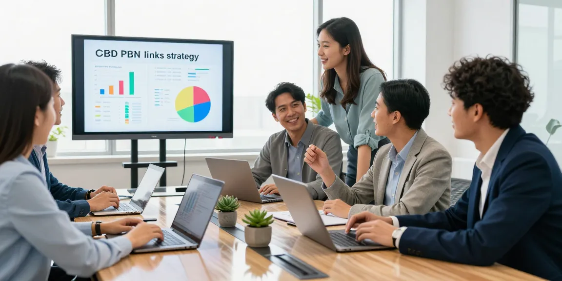 Marketing professionals discussing cbd pbn links strategies in a modern office