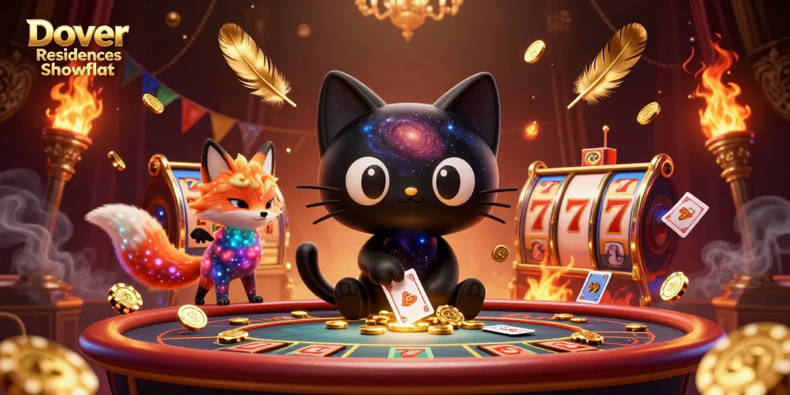 Dover Residences Showflat menampilkan kucing lubang hitam cantik dengan motif galaksi yang menarik chip emas dan kartu di meja kasino.