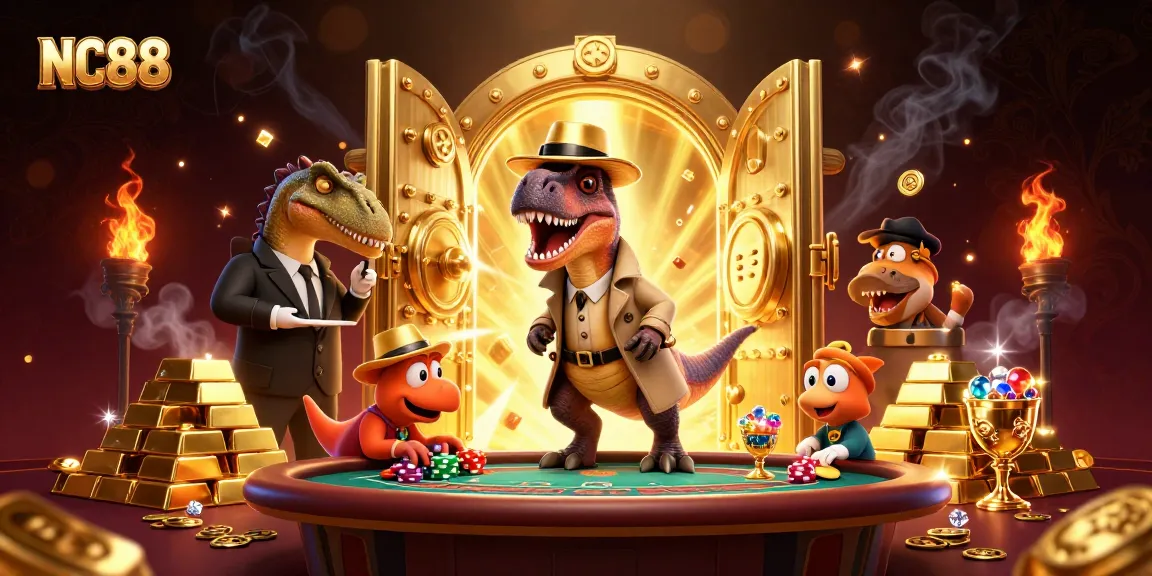 NC88 gameplay scene with a velociraptor card counter at a blackjack table surrounded by sparkling treasures.