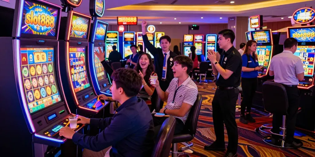 Friends celebrating a win at the slot888 casino machine in a lively gaming environment.