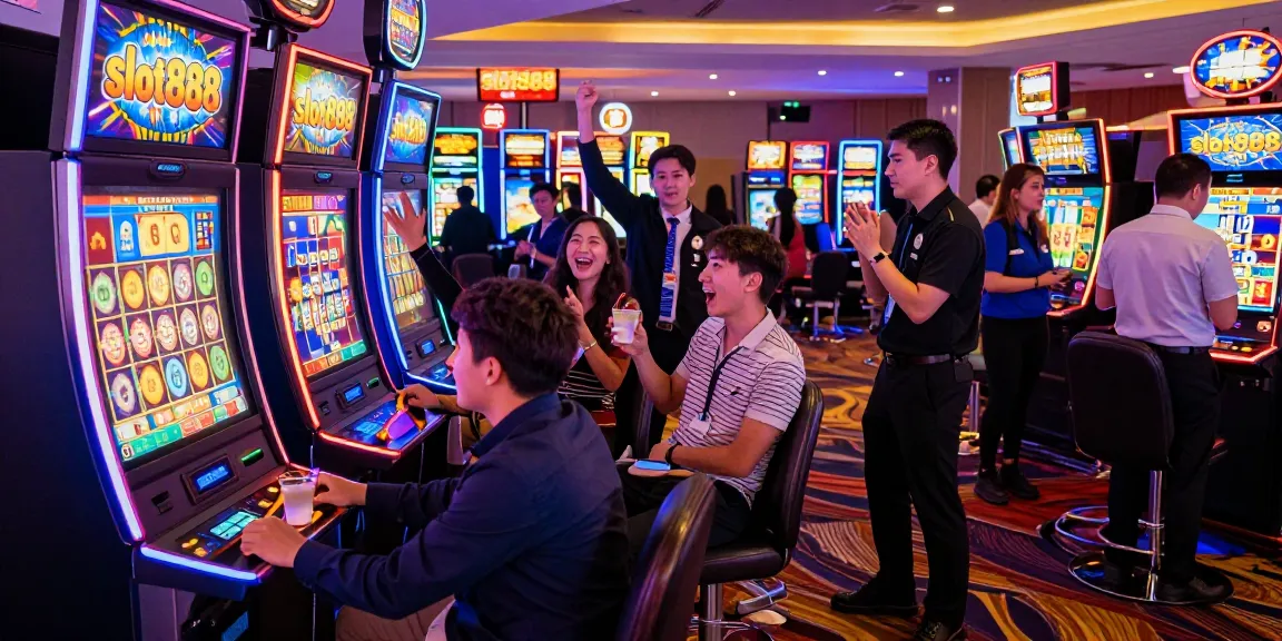 Friends celebrating a win at the slot888 casino machine in a lively gaming environment.