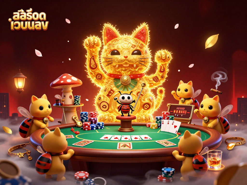 Experience exciting สล็อตออนไลน์ gameplay with สล็อตเว็บตรง symbols and golden lucky cat in vibrant casino scene.