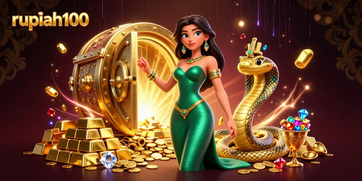 Engage in thrilling gameplay at rupiah100 with a stunning woman, golden cobra, and treasures in a vibrant casino scene.