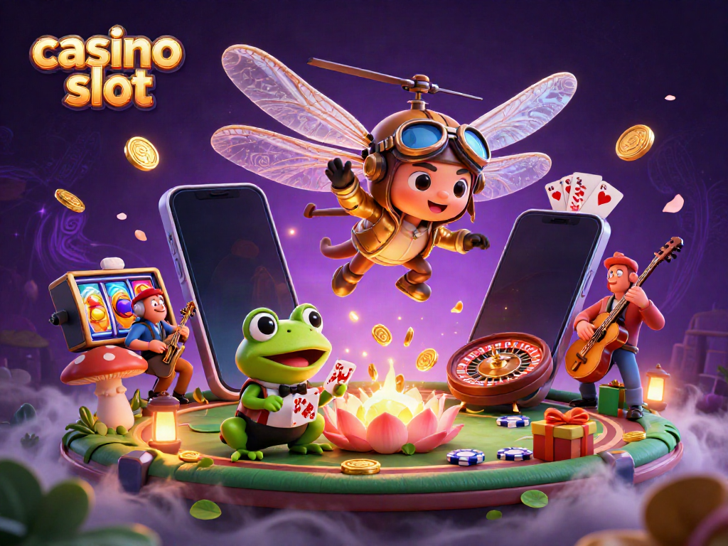 Engaging scene of a vibrant casino slot illustration with a dragonfly pilot, frog dealer, and jazz musicians.
