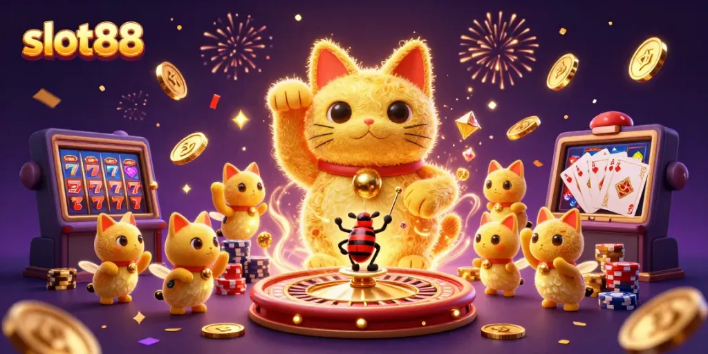Permainan slot88 yang menghibur dengan kucing keberuntungan dan beragam simbol kasino, mengundang peminat judi.