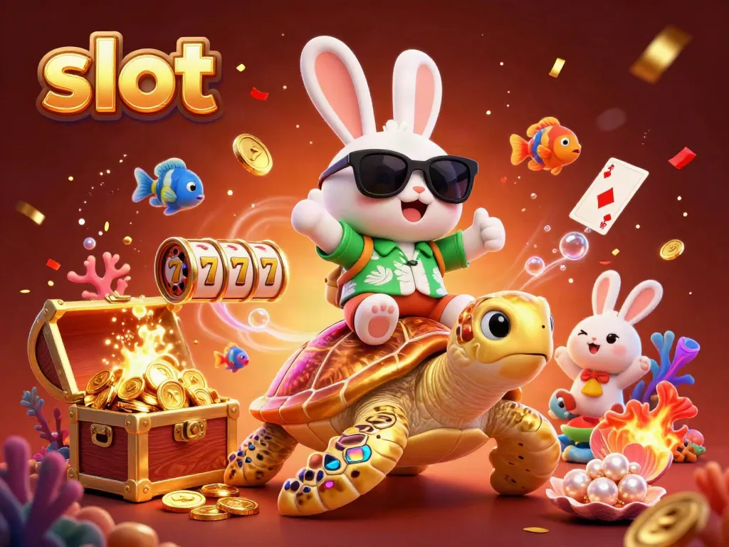 Experience vibrant slot fun with a lucky rabbit and golden sea turtle in a dynamic 3D casino scene.