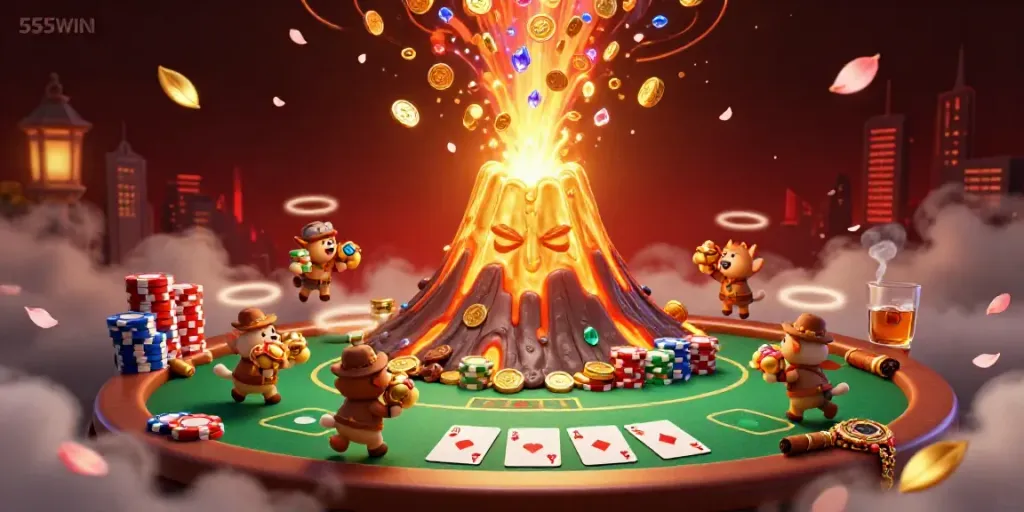 Experience the thrill of 555WIN with vibrant casino elements and a magical eruption of treasure.