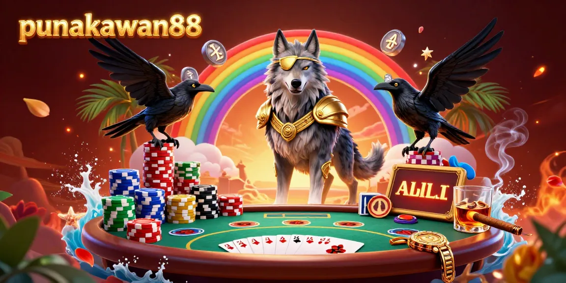 Punakawan88 immerses players in an exciting casino world with a Norse wolf and ravens amid vibrant games.