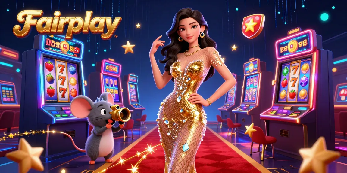Experience Fairplay excitement with a glamorous woman and a golden camera mouse in a vibrant casino scene.