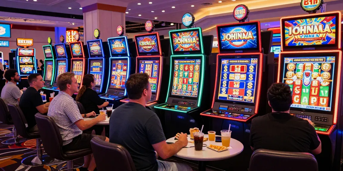 Diverse players at a vibrant casino slot machine area celebrating potential slot jackpot wins.