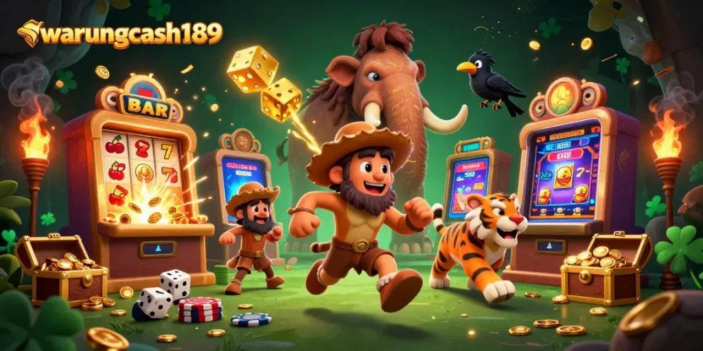 Engage in thrilling wins at warungcash189's vibrant prehistoric casino with lively characters and gold treasures.