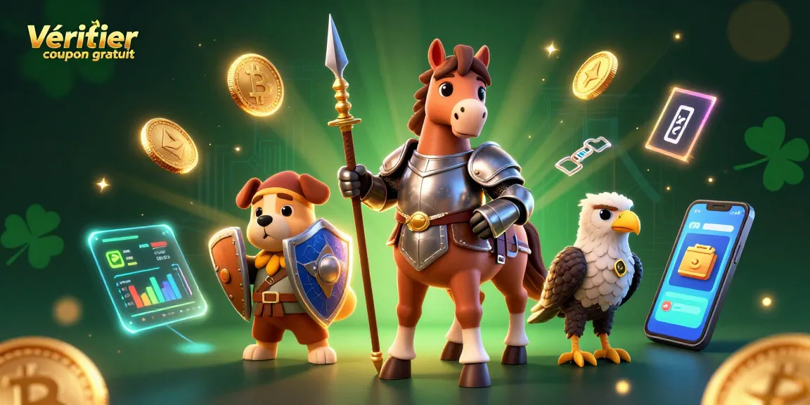 Vérifiez coupon gratuit avec les personnages 3D de chevalier, chiot, et faucon, illustrant le monde des paris.