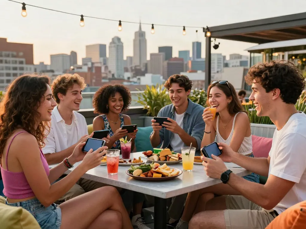 Young adults socializing and playing games at a trendy rooftop lounge in an urban setting, capturing the spirit of akunjp.