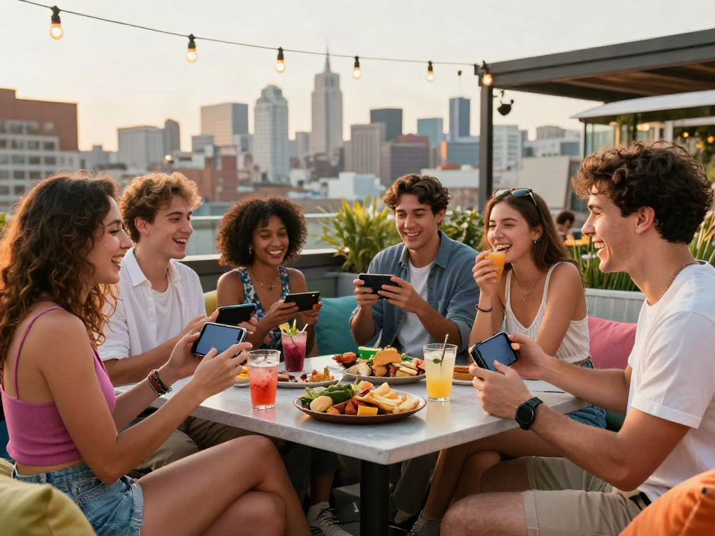 Young adults socializing and playing games at a trendy rooftop lounge in an urban setting, capturing the spirit of akunjp.