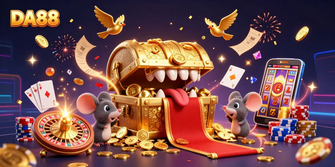 Find DA88 online casino treasures with golden chest and vibrant casino elements