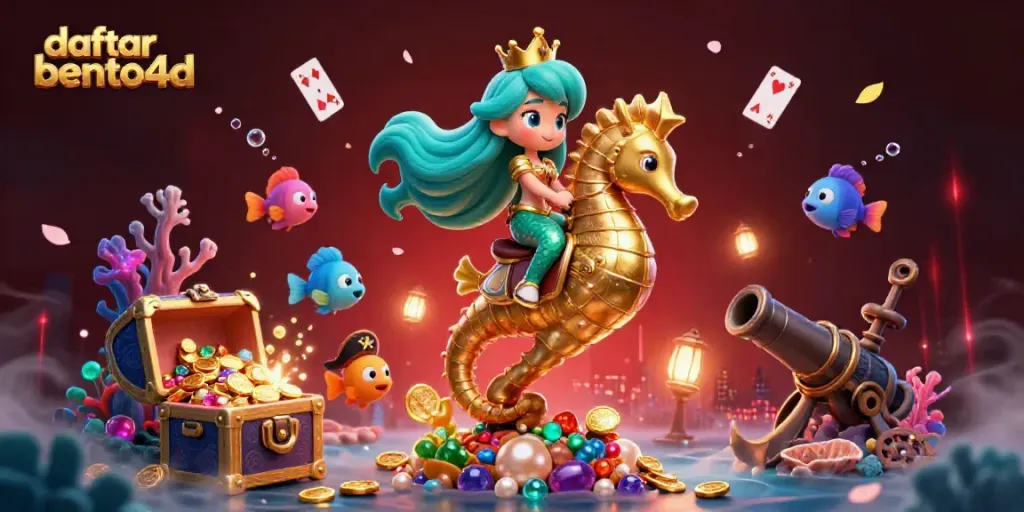 A stunning illustration of a mermaid princess from daftar bento4d riding a seahorse amidst colorful underwater treasures and lively fish.