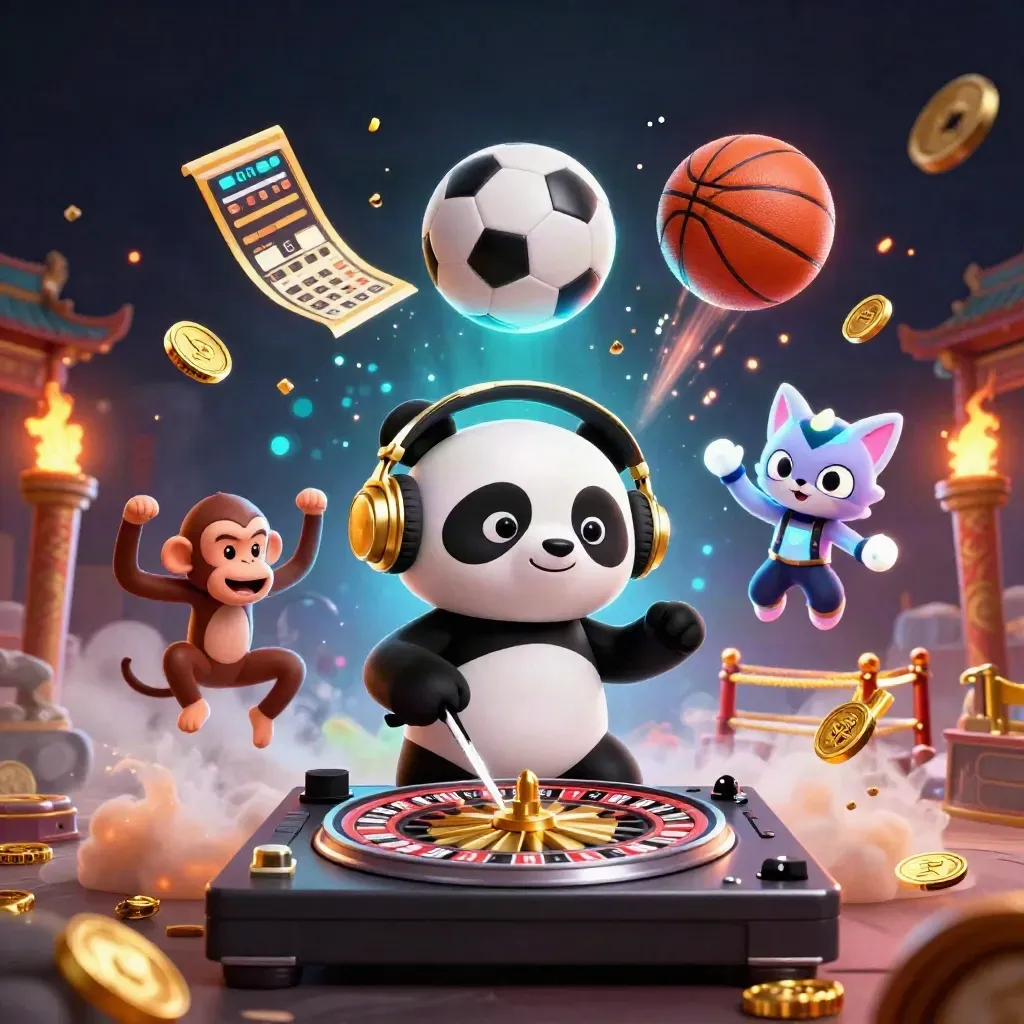 DJ panda, monkey, and kitten amid neon sports balls, coins, and casino fire.