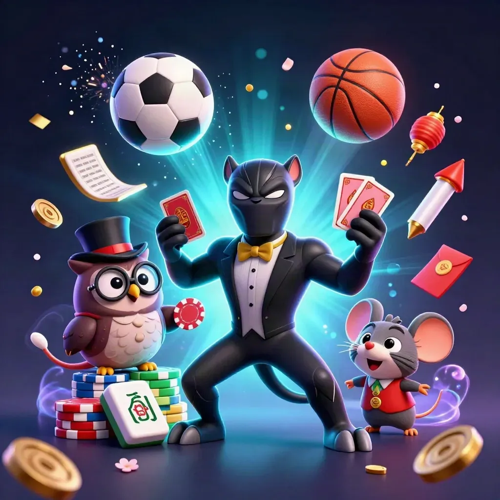 Panther, owl and mouse amid flying balls, chips, lanterns and neon casino lights.