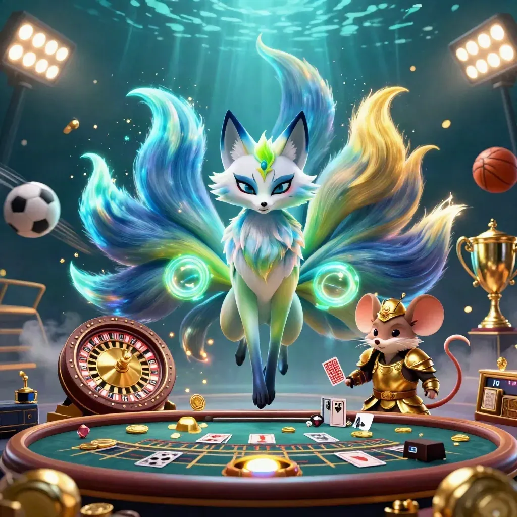 Neon fox spirit and armored mouse in casino glow with coins, orbs, sports balls, and spinning wheel.