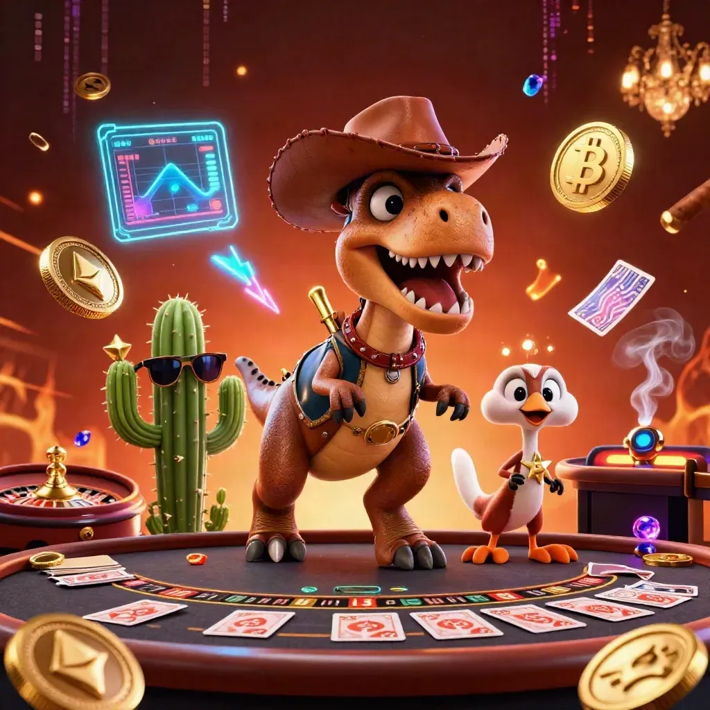 Cowboy T-Rex, cactus sidekick, and roadrunner in a glowing casino room with neon coins and energy