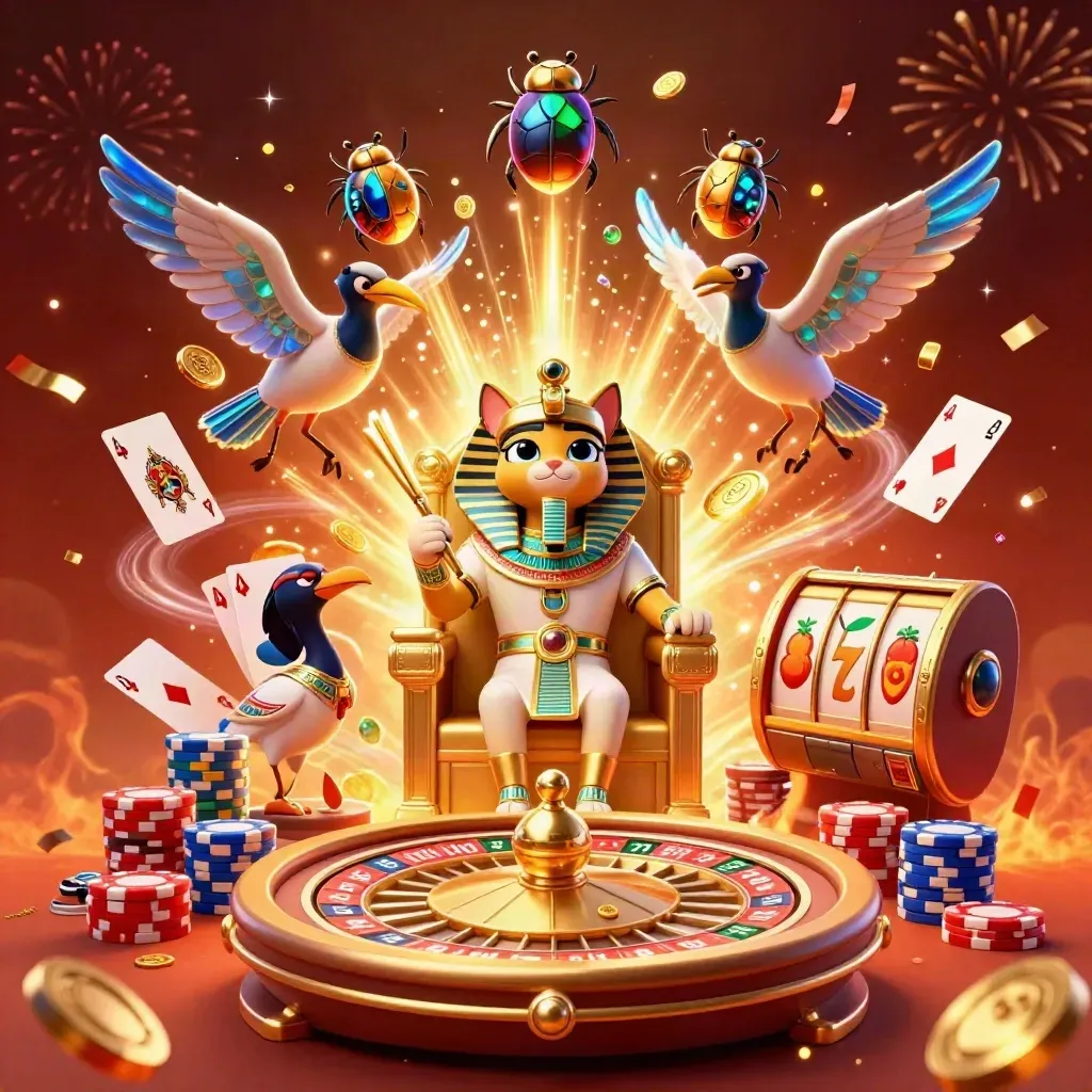 Pharaoh cat, ibis scribe, and gem-wing scarabs amid casino treasure bursts