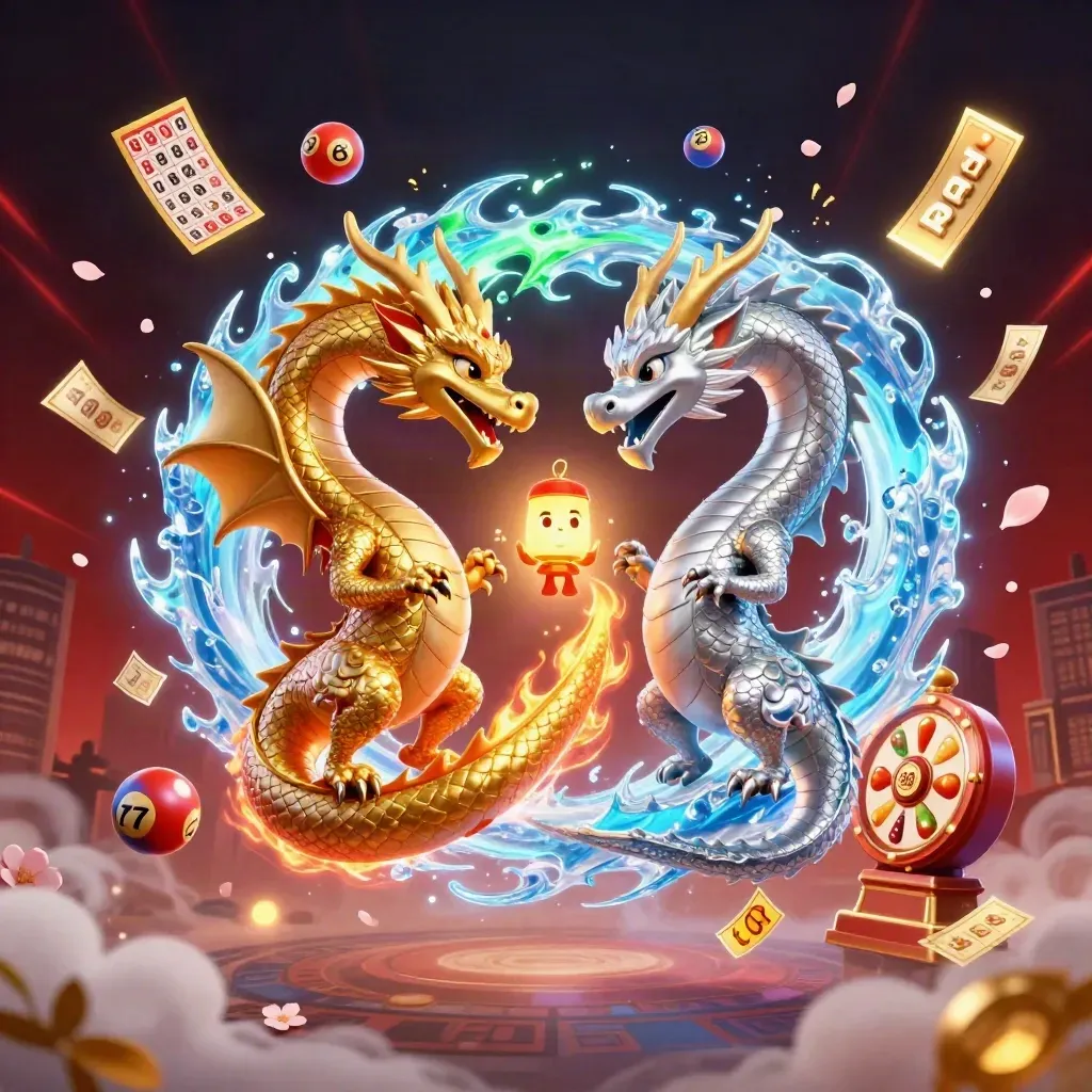 Twin gold and silver dragons swirl in a yin-yang with lottery balls, bingo card and prize wheel