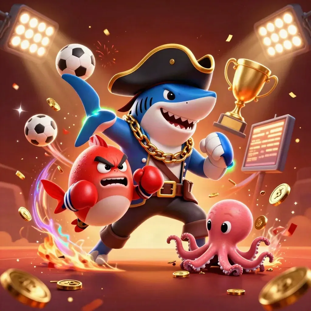Shark pirate, red pufferfish, and baby octopus amid gold coins, balls, fireworks, and neon casino glow