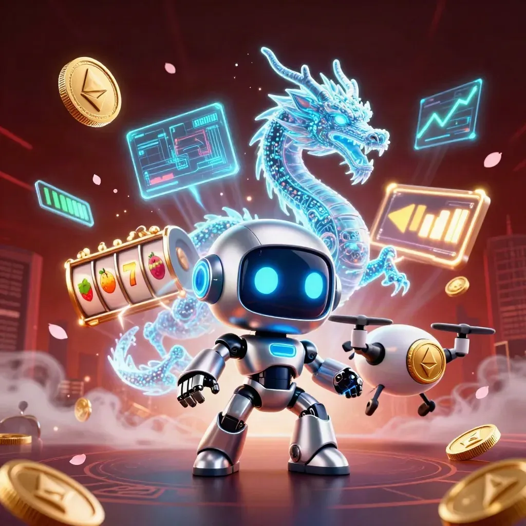 Cyberpunk robot, AI dragon and coin drone amid blue neon casino energy, coins and lightning bursting.