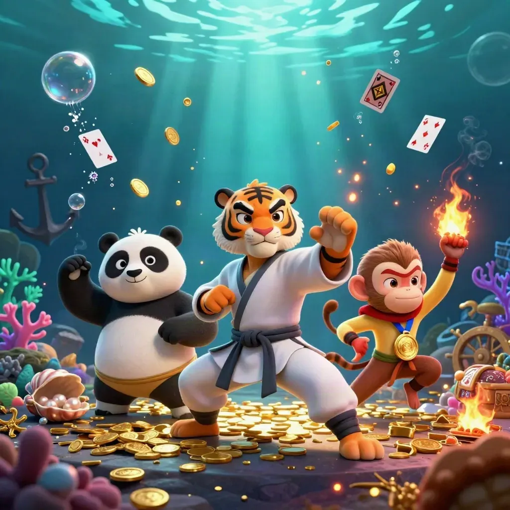 Kung-fu tiger, panda, and monkey in an underwater treasure cove with coin bursts and neon light.